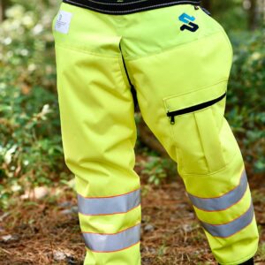 Front view of hi-vis zip wrap chaps from waste down