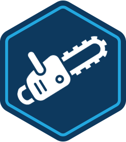 icon of a chainsaw inside a navy blue hexagon