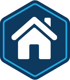 icon of a house inside a navy blue hexagon