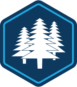 icon of a three pine trees inside a navy blue hexagon