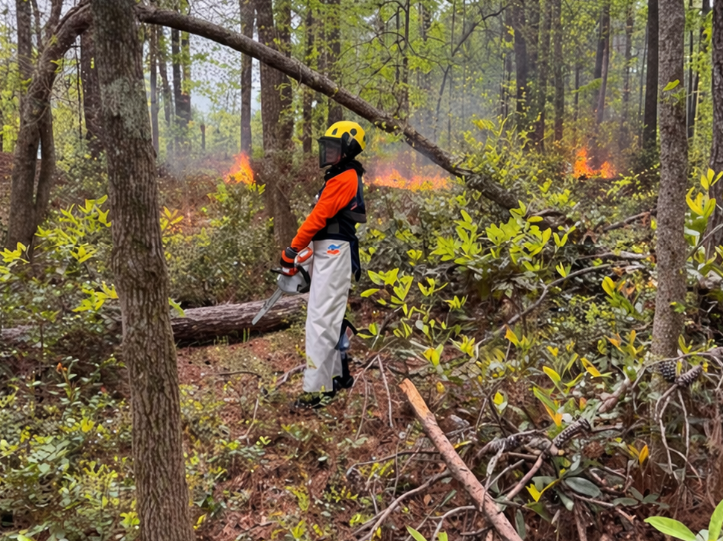 View from waist down of man in bright yellow hi vis SwedePro chainsaw chaps cutting down a tree